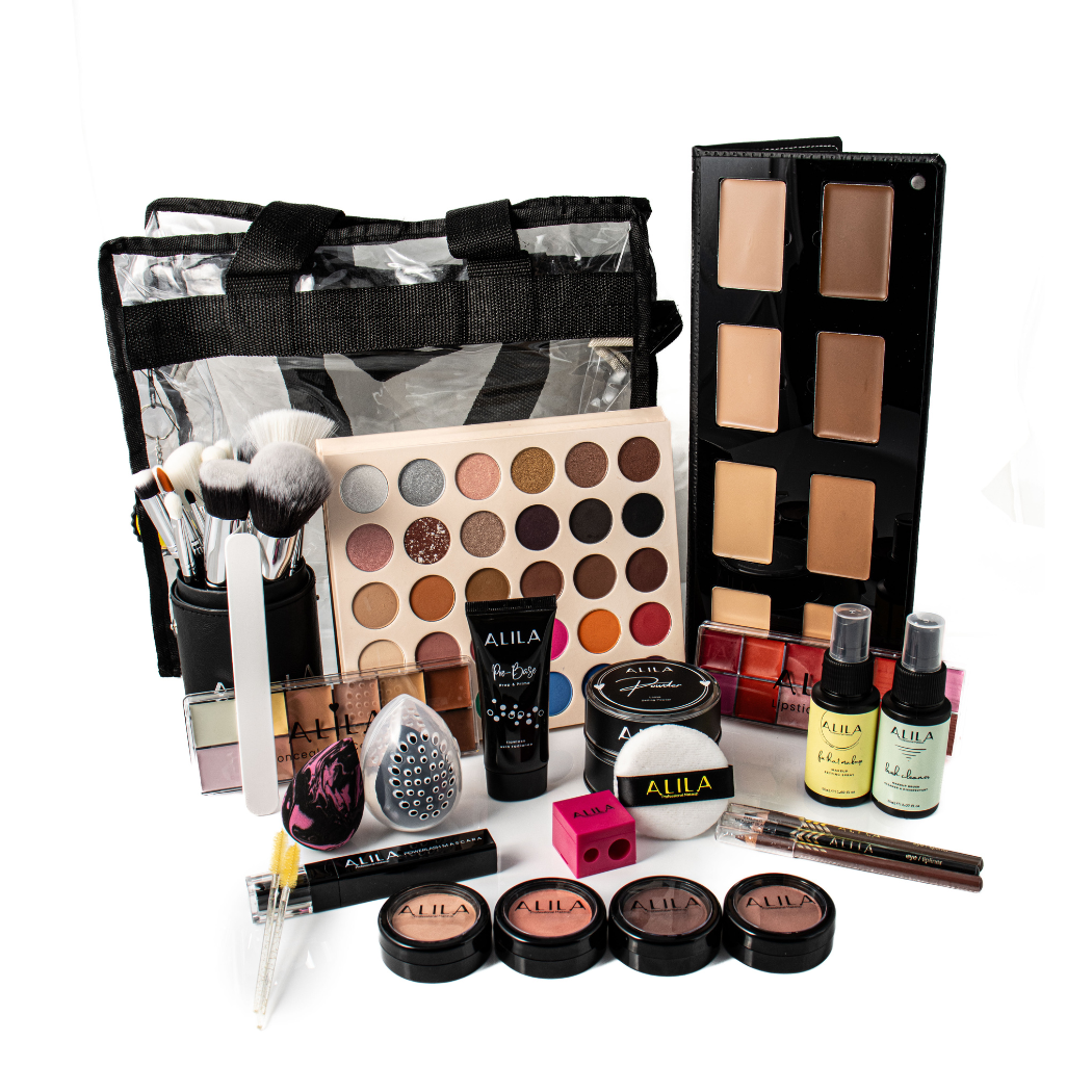 Allia professional artist makeup kit showing complete makeup collection with palettes, brushes, and accessories